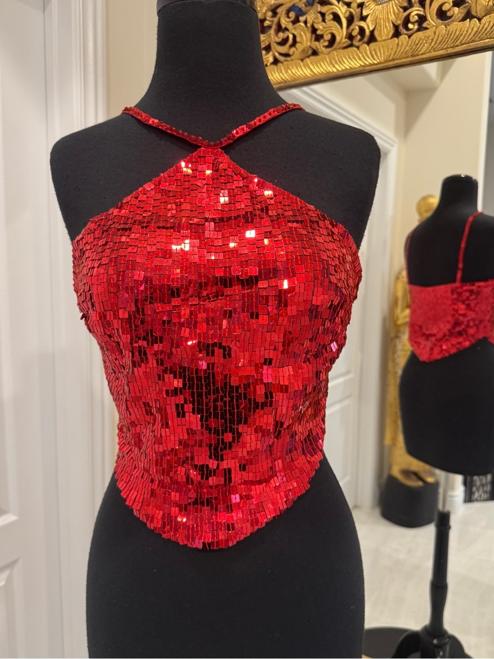 Red hand beaded Sequin Halter Top
